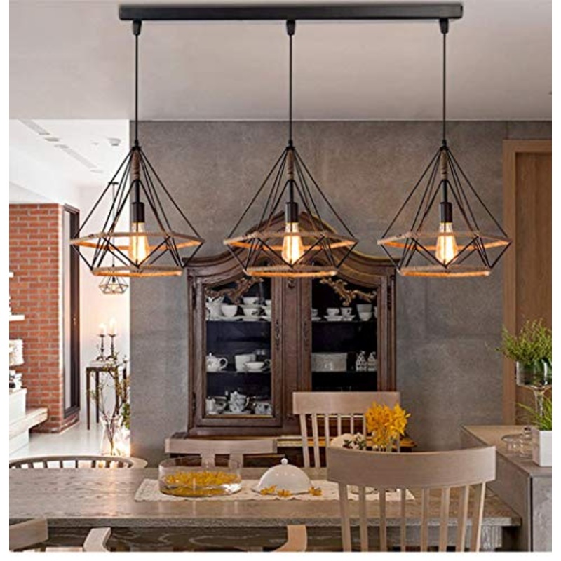 Lampadario a Sospensione E27 Industriale Vintage 3 Luci Lampada da Soffitto Corda di Canapa Retro Illuminazione Nero interna per Cucina Salotto (Nero – Con una barra)
